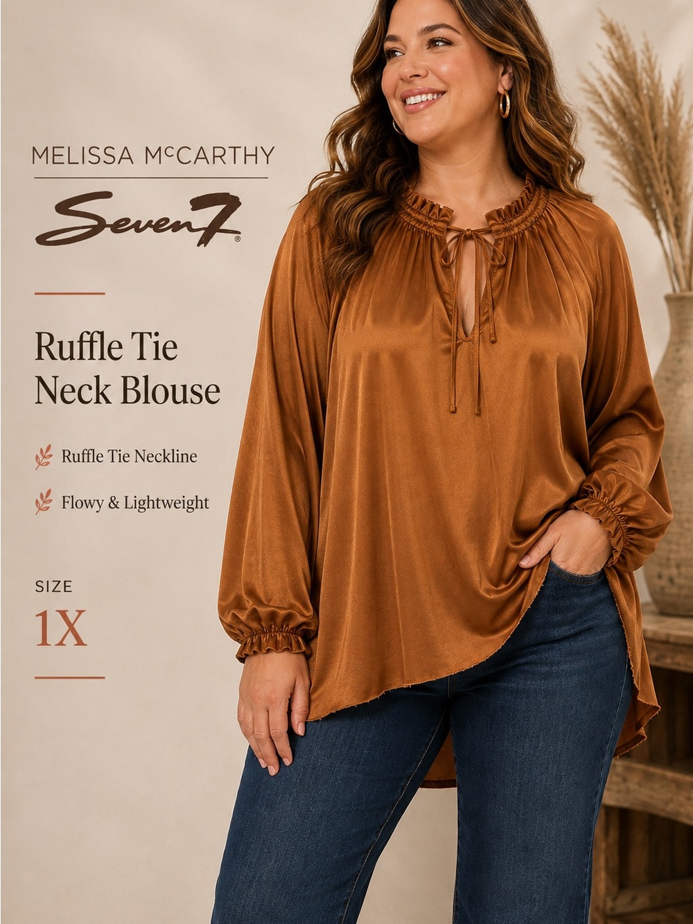 NWT Melissa McCarthy Seven7 Ruffle Tie Neck Blouse Copper 1X